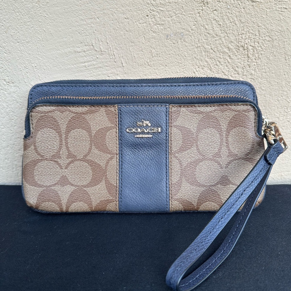 Coach Large Double Zip Signature Blue and Tan Wristlet